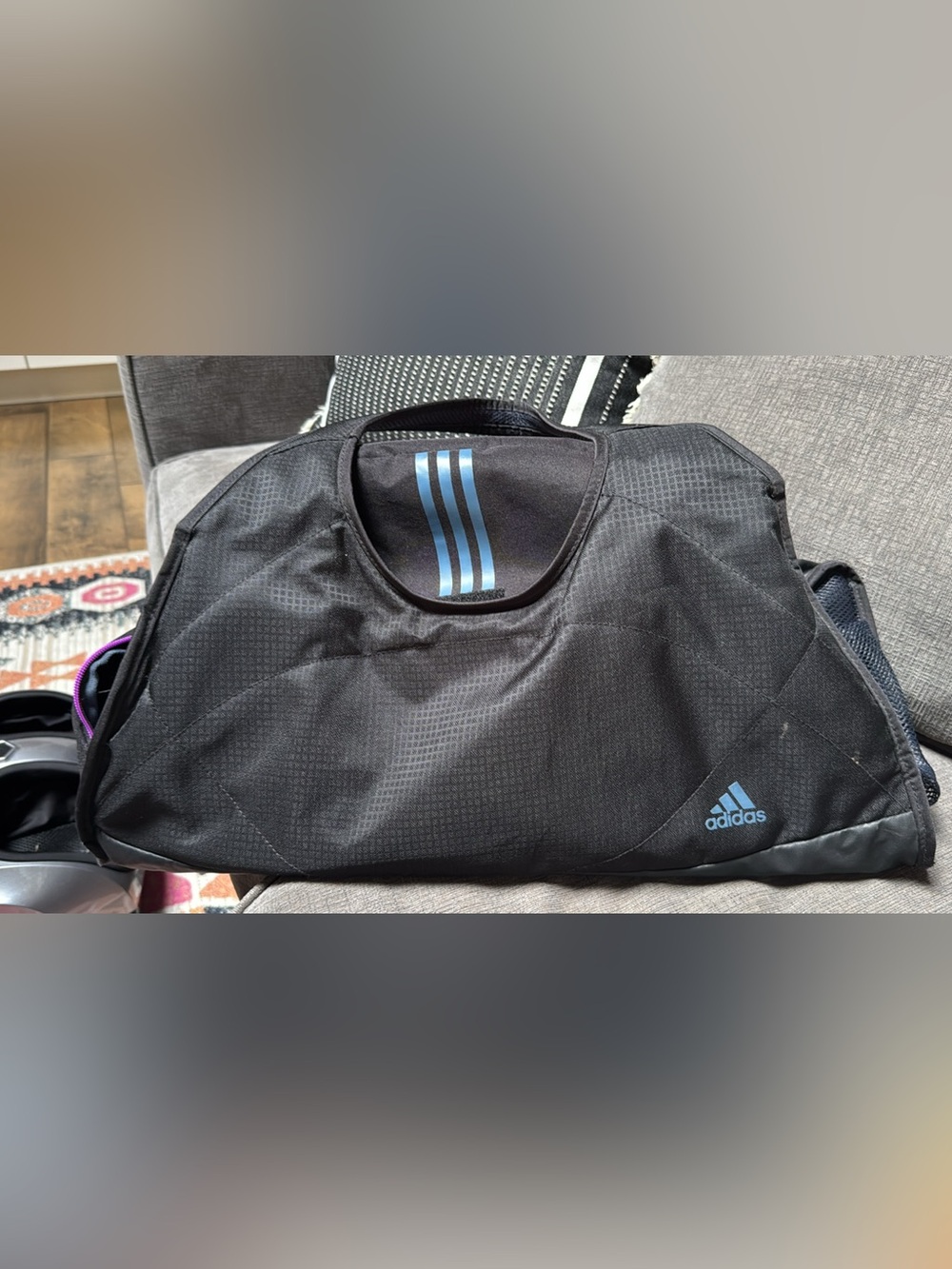 adidas Black Duffel with Light Blue Stripe Accents